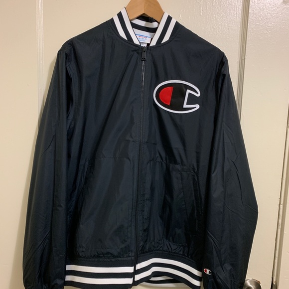 champion satin navy baseball jacket